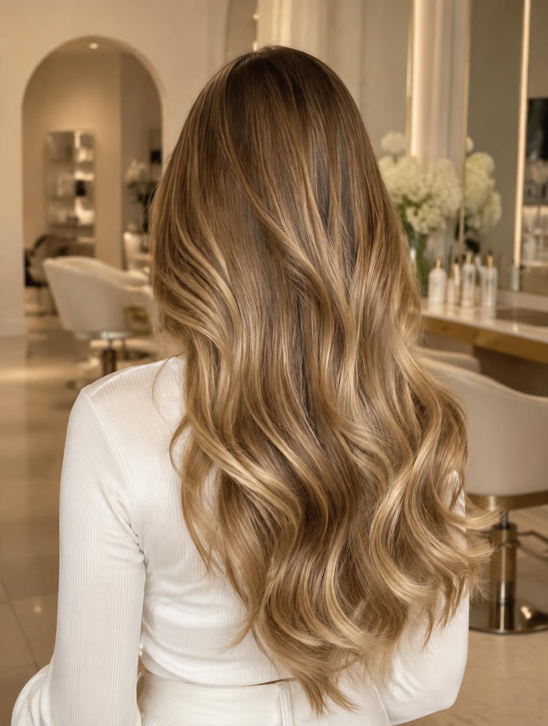 Chevelure ondulée avec balayage caramel